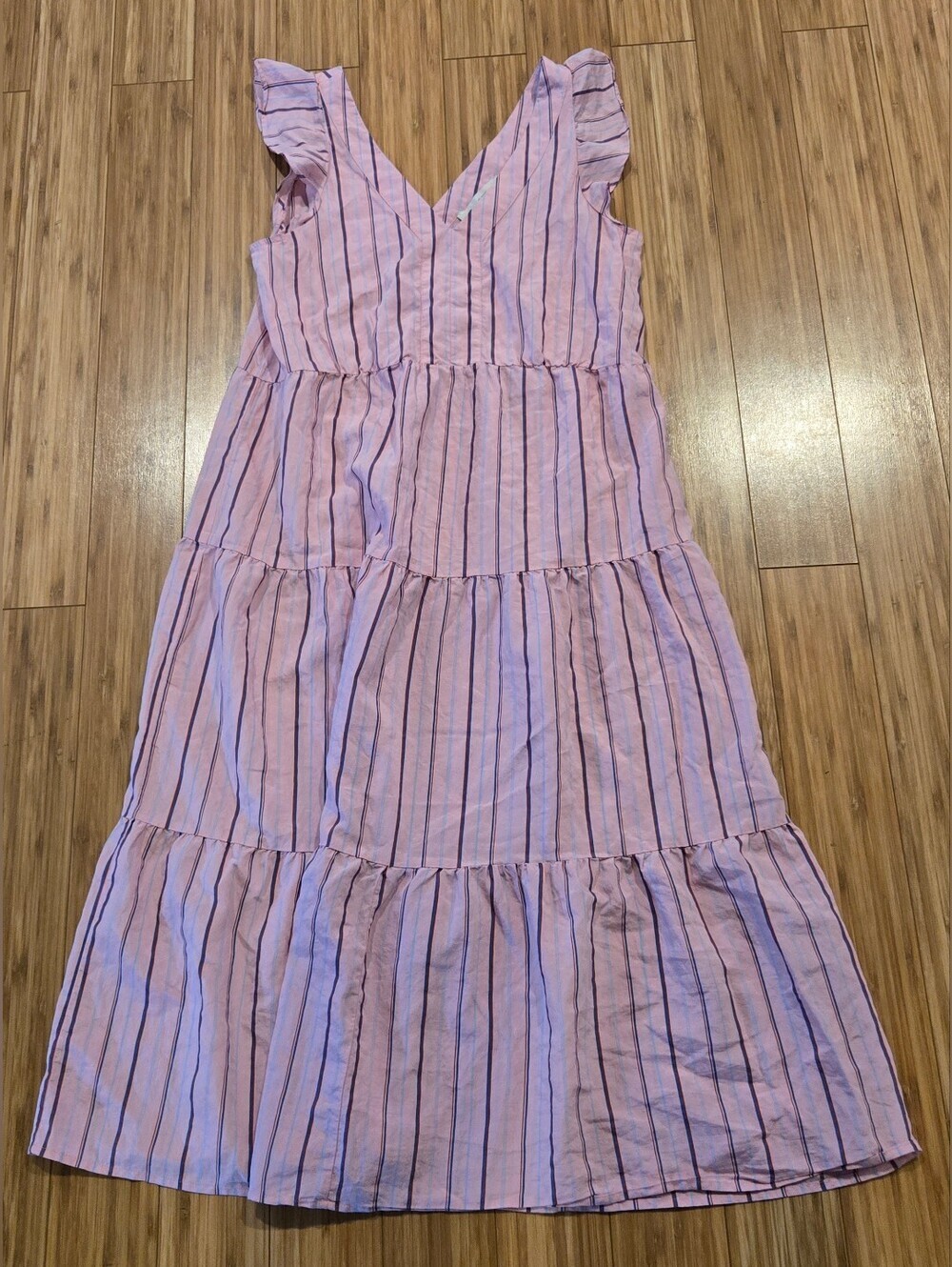 Loft Pink Striped Tiered Ruffle Sleeve Maxi Dress
